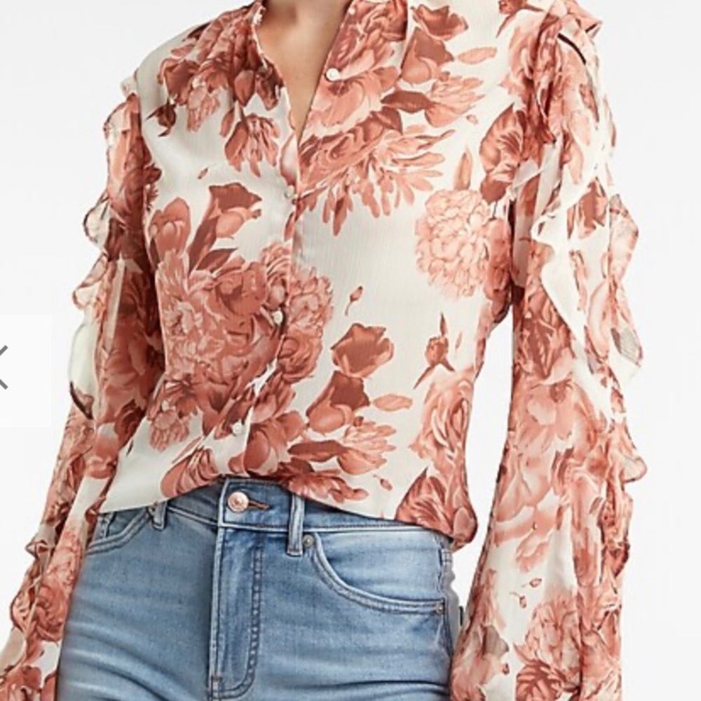 Express Sheer Ruffle Balloon Sleeve Shirt Size M